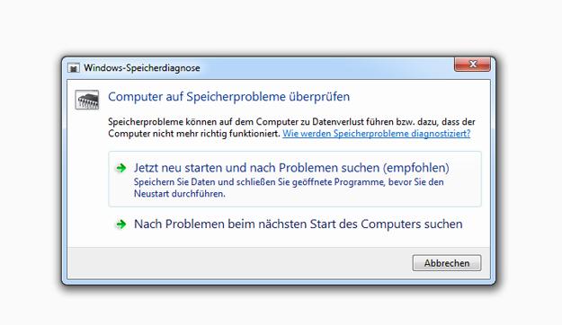 Ein Dialogfenster mit der Frage, ob der Computer jetzt neu gestartet und nach Problemen gesucht werden soll oder ob die Suche nach Problemen beim nächsten Start des Computers erfolgen soll.